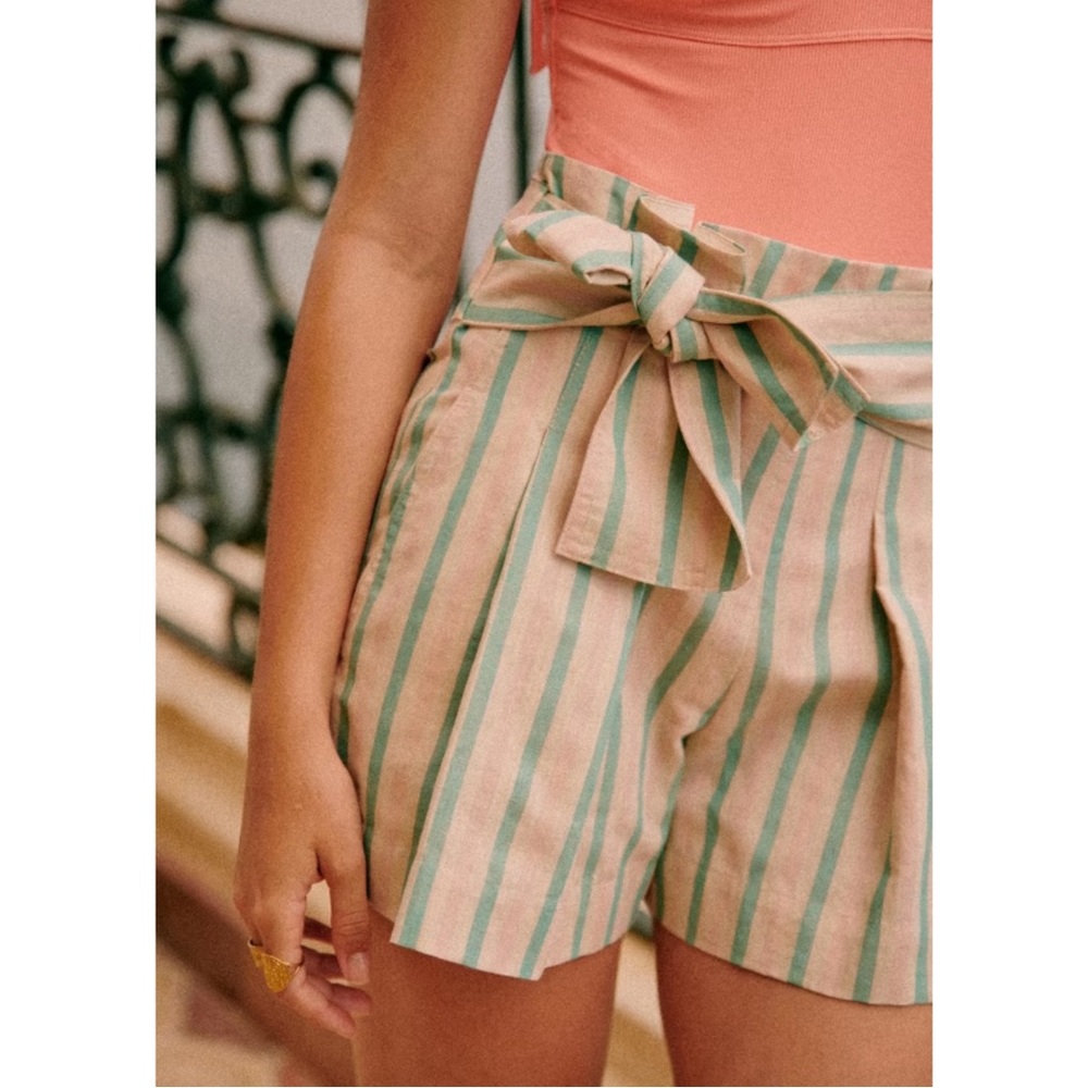 NWT Sezane High-Waist Striped Tie-Front Shorts in Coral and Mint